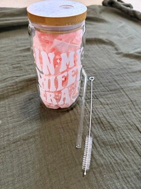 Pink Lettered Glass Tumbler with Bamboo Lid